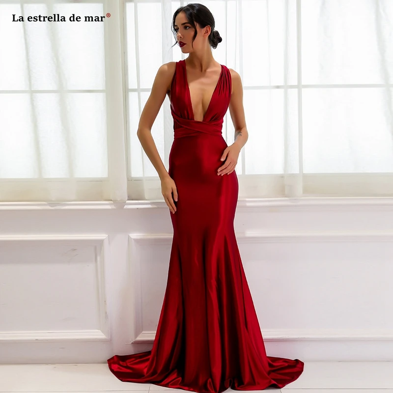 

Vestido dama de honra2021 new elastic fabric conversion burgundy bridesmaid dresses long sukienka druhna pretty abito damigella