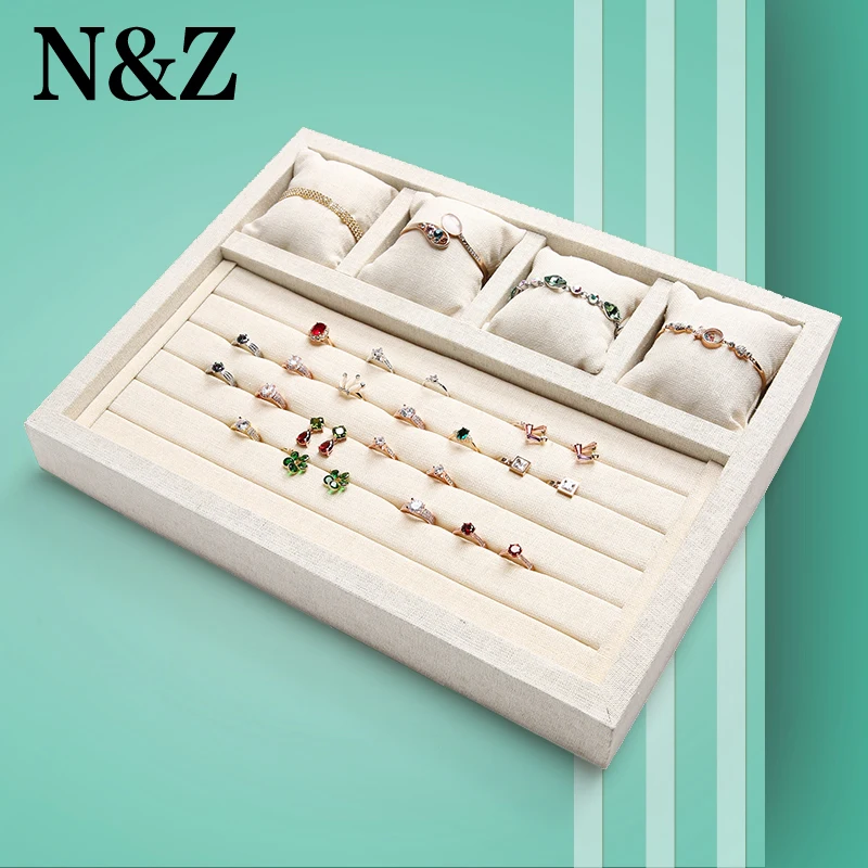 

N&Z Big Size Jewelry Storage Tray Ring Bracelet Gift Box Jewellery Organizer Earring Holder With Beige Linen Touch Soft