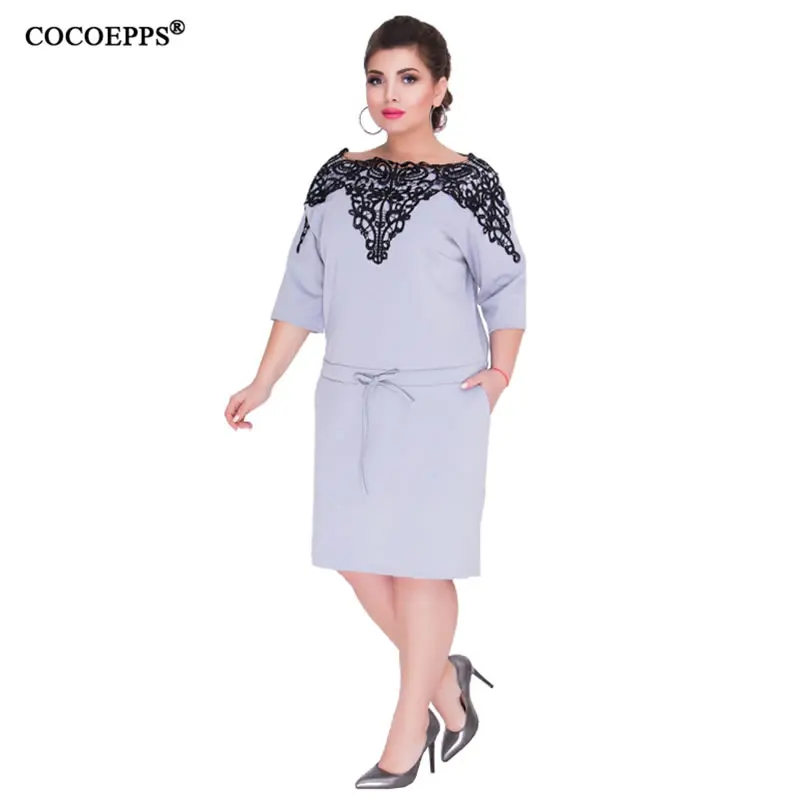 COCOEPPS элегантное кружевное платье-туника размера плюс для женщин, летнее платье большого размера, однотонное лоскутное женское платье, повседневное офисное платье