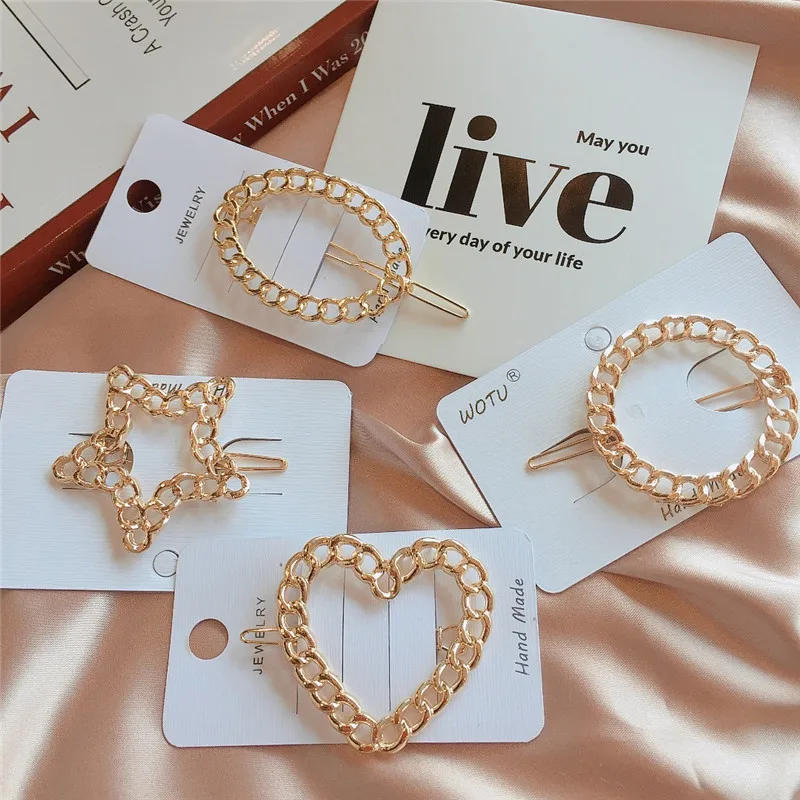 

Fashion Female Metal Hair Clip Hollow Geometric Round Five-pointed Star Oval Heart Hairpin Simple Side Clip Headwear Accessories