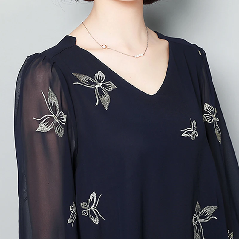 Moda 2019 Plus Ropa 4xl De Blusa Mujeres Top Xxxl Primavera chili Larga Elegante Cuello Gasa Camisa 5xl Con Manga Invierno Tamaño La butterfly V En Blue Yiciya Butterfly Las Black Black Negro OBwqZxHX