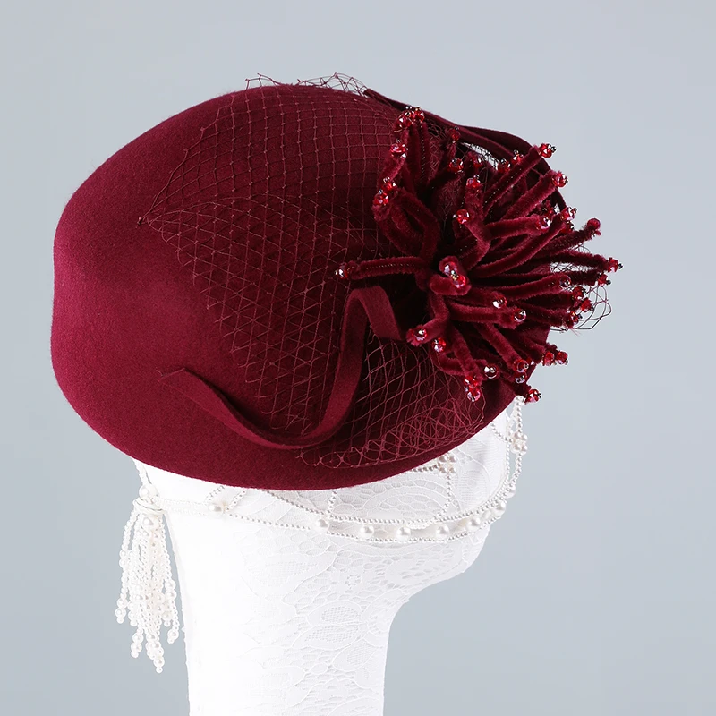

Lady Fedoras Hats Girls Fedoras Wool Hats Original Design New Wool Beret Cap Veil Flowers Elegant British Felt Hat Adjust A30
