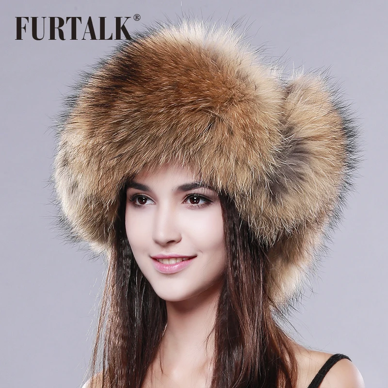

FURTALK Real Raccoon Fur Hat Women Winter Real Leather Fur Hat Warm Female Winter Fur Hat Cap