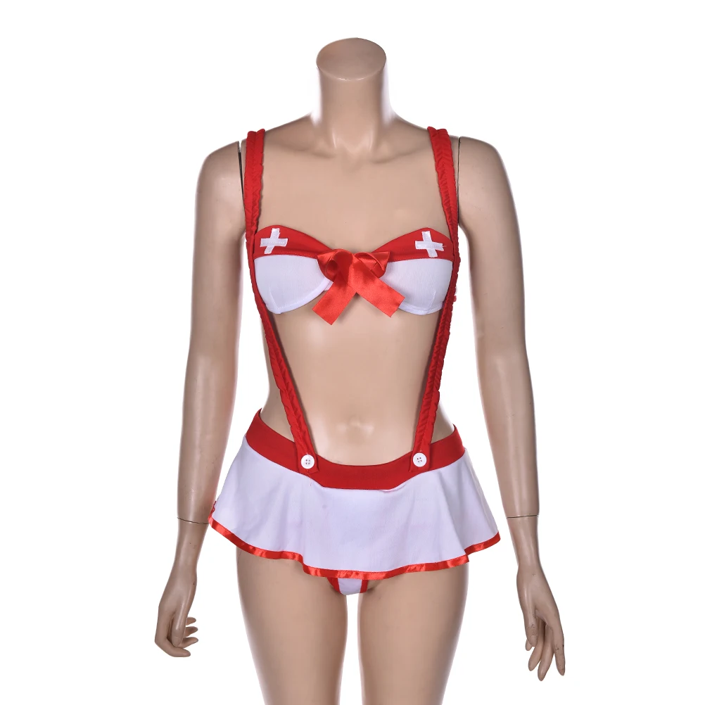 Set Sexy Costumes Sexy Lingerie Hot Women Red Bow Bra Flounce Skirt Sexy Nurse Uniform Cosplay