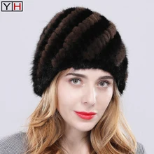 Натуральная норковая меховая шапка зимняя Женская Ручная работа вязаная настоящая норковая шапка s хорошее эластичное качество норковая шапка