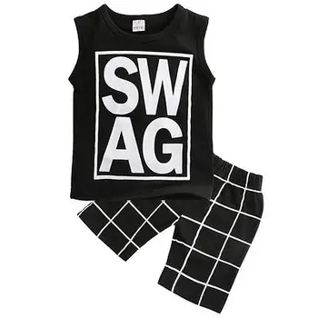 

2017 new hot black grid 2pcs Toddler Kids Baby Boy sleeveless o-neck pullover T-shirt Tops+Casual Pants Trouser Clothe Outfit