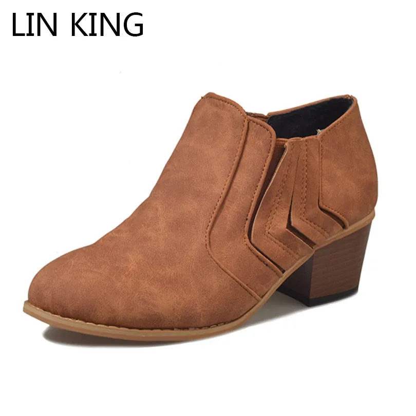 

LIN KING New Spring Autumn Women Ankle Boots Square Heel Pointed Toe Short Shoes Big Size Shallow Med Heel Slip On Ladies Botas