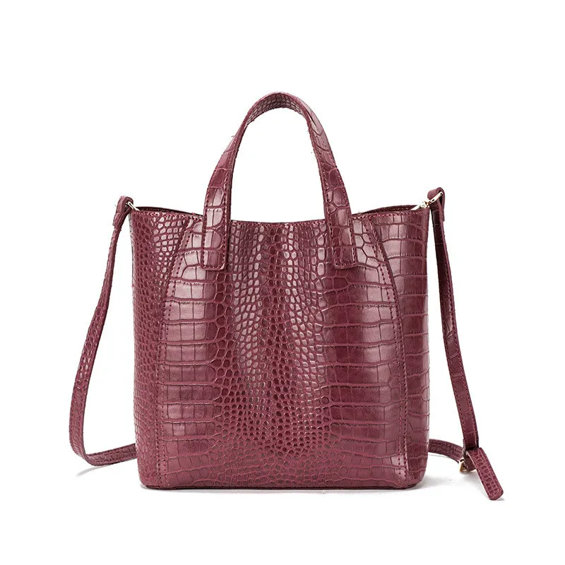 

Women Fashion Crocodile Pattern Hand Bag Pure Color Simple Leisure PU Leather 5 Color Ladies Bag 2in 1 Open Zipper Shoulder Bag