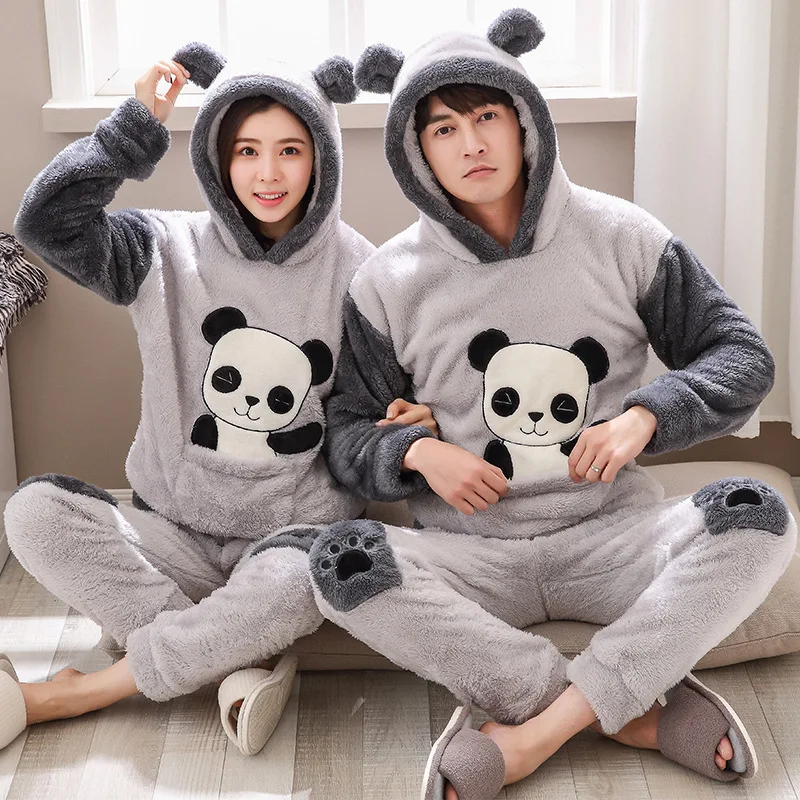 

JINUO New Arrival Winter Young Couple Coral Fleece Thicken Pajama Sets Lovers Cartoon Lovely Panda Warm Soft Home Wear Sleepwear