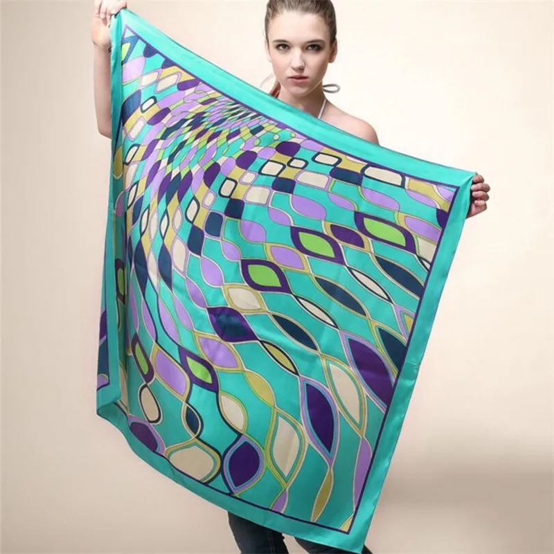

90x90cm European style Imitation Silk Scarf Women Hit color water ripples painting NeckerChief Bandana Large Square Scarf