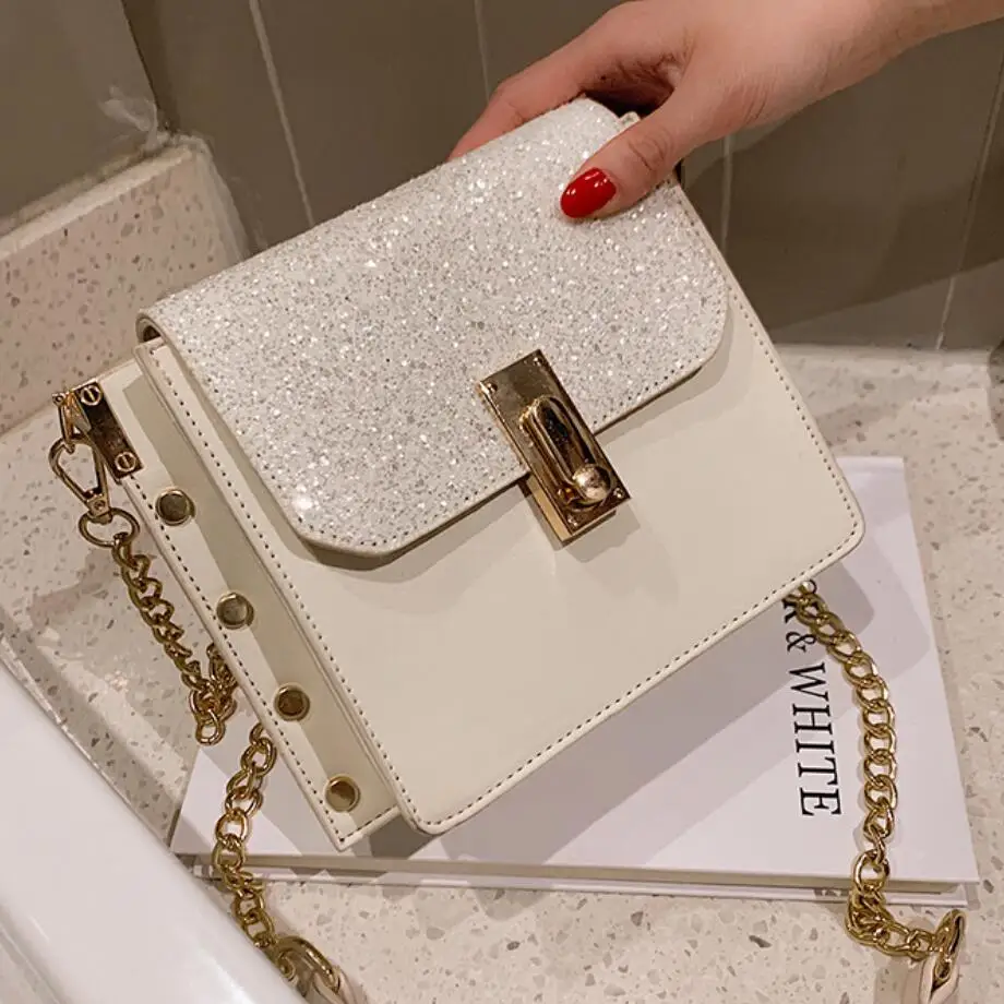 

Sequin square bag 2019 summer fashion new high quality PU leather Women's Designer Handbag Lock chain shoulder messenger bags