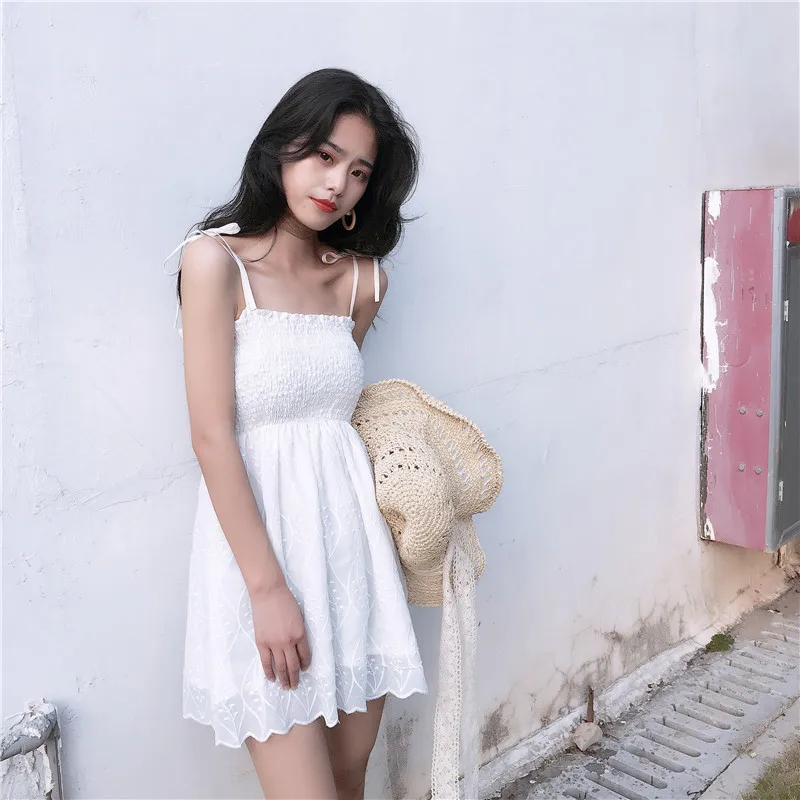 

Lychee Girls Sexy Embroidery Lace Up Sleeveless Summer Women Dress Lace Solid Dress Causal A Line Dress Female