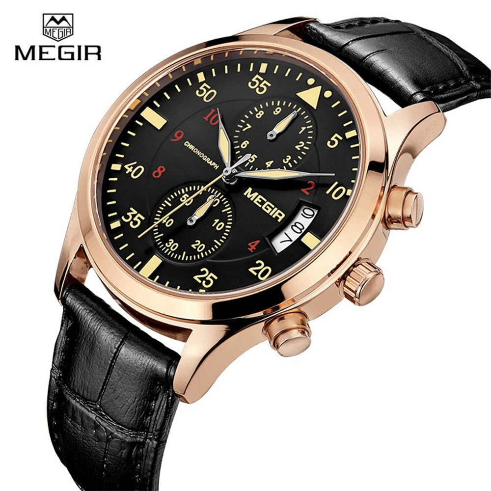 Модные мужские часы MEGIR лучший бренд класса люкс военный кожаный Хронограф с