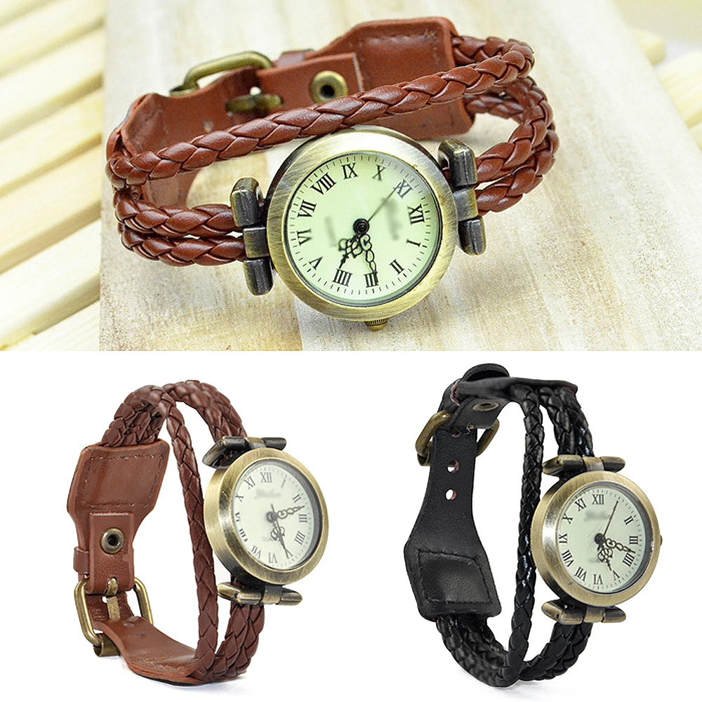 

YCYS Women vintage cuff round Quartz watch Weave Band Bracelet Quartz Watches Fashion Casual Watch