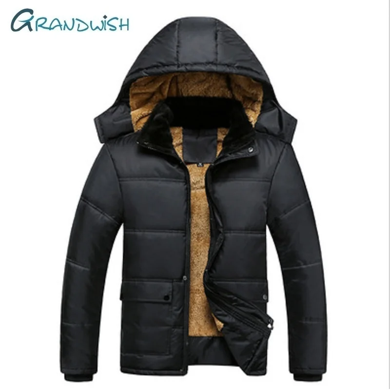 Grandwish/мужская зимняя куртка с капюшоном, Мужская Толстая флисовая парка, верхняя одежда, однотонная зимняя куртка и пальто для мужчин