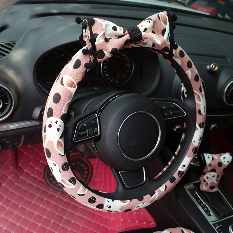

Cartoon Car Steering Wheel Cover Case Linen Flax Auto Headrest Waist Support Pillows Universal Size Seatbelt Shoulder Pad Covers
