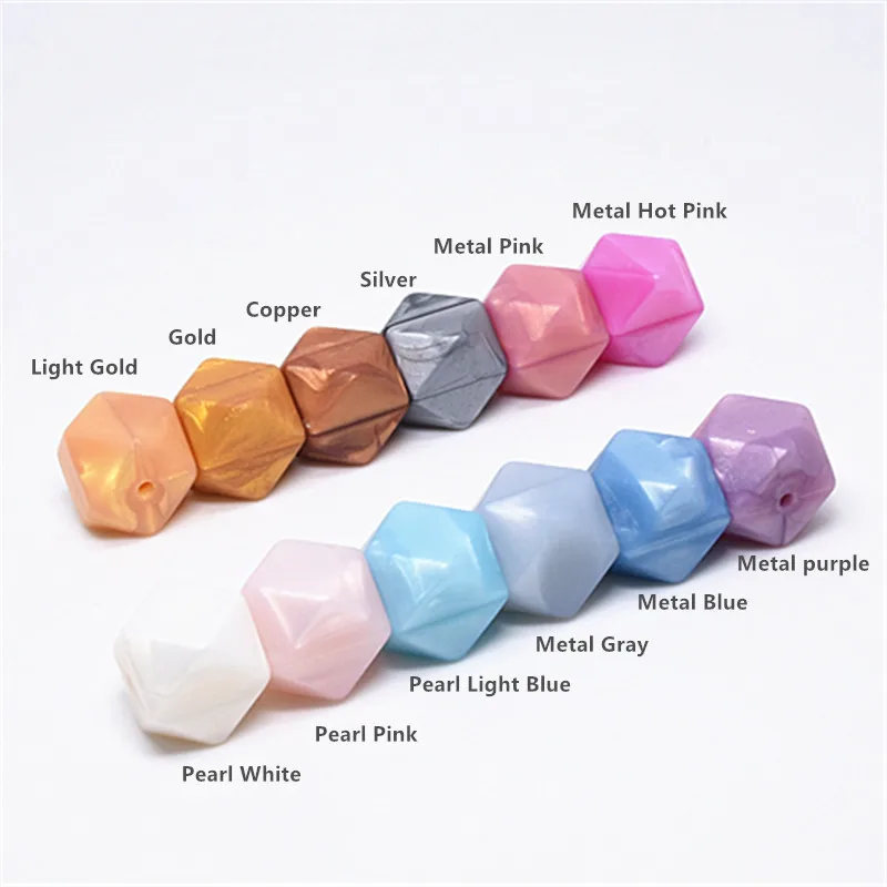 

10 PCS Metallic Hexagon 17 MM Silicone Beads Baby Teething Toys Silicone DIY Pacifier Chain Pendant Accessories Baby Teethers