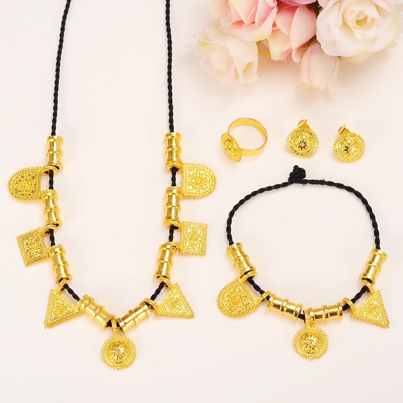 

Bangrui Small Ethiopian Necklace Bracelet Earrings Ring Jewelry sets Gold Color Habesha Eritrean set for Women/Girls