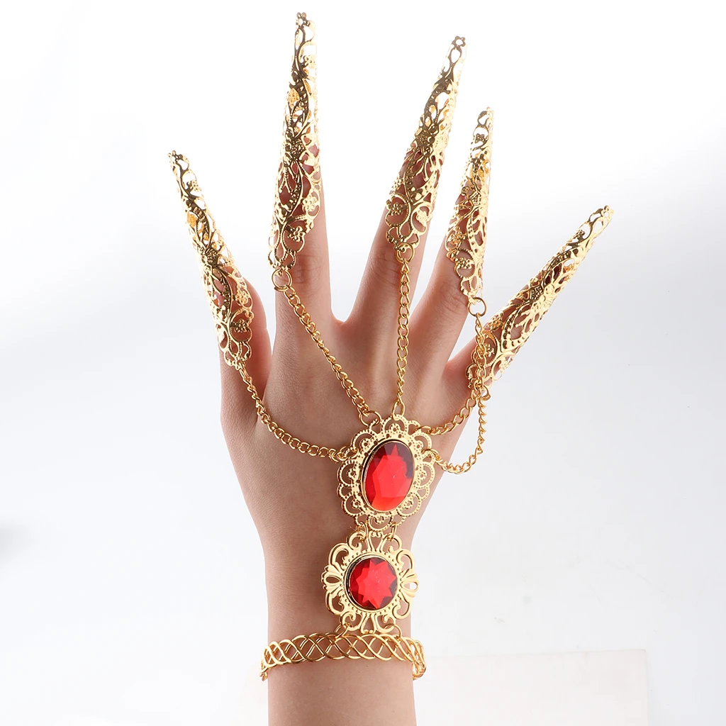 Stylish Belly Dance Gypsy Egyptian Indian Gold Bracelet Finger Nails Red Gem Hand Jewelry for Stage Performance