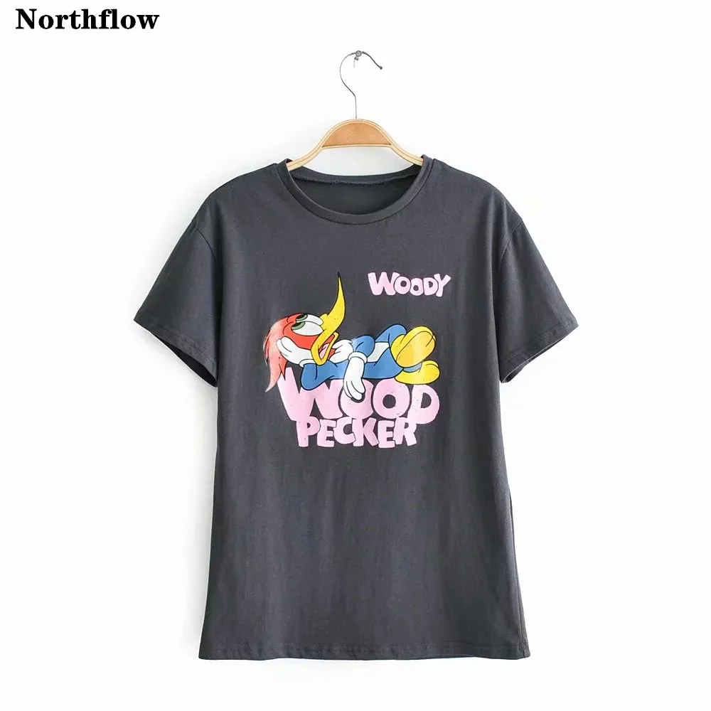 

Northflow 2019 summer t-shirt top women print t shirt o-neck cartoon Woodpecker none women top plus size cotton t shirt