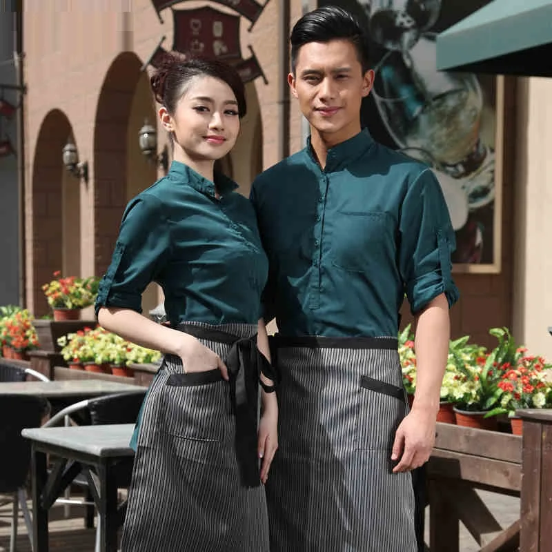 

(10 set-Shirt&Apron)BEST quality waiter and waitress uniforms Restaurant work suit with apron fashion style by /