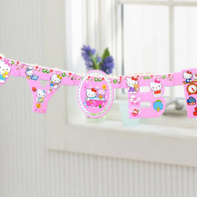 

1 Set Cute Hello Kitty Happy Birthday Banners hanging banners Girls Birthday party decoration supplies birthday party Decoration