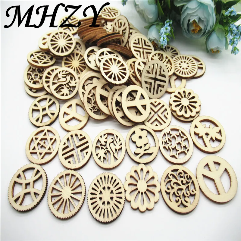 

20/50pcs 30mm Natural mix type round carving flower pattern wood Scrapbooking Handmade Carft for Home decoration diy Q33