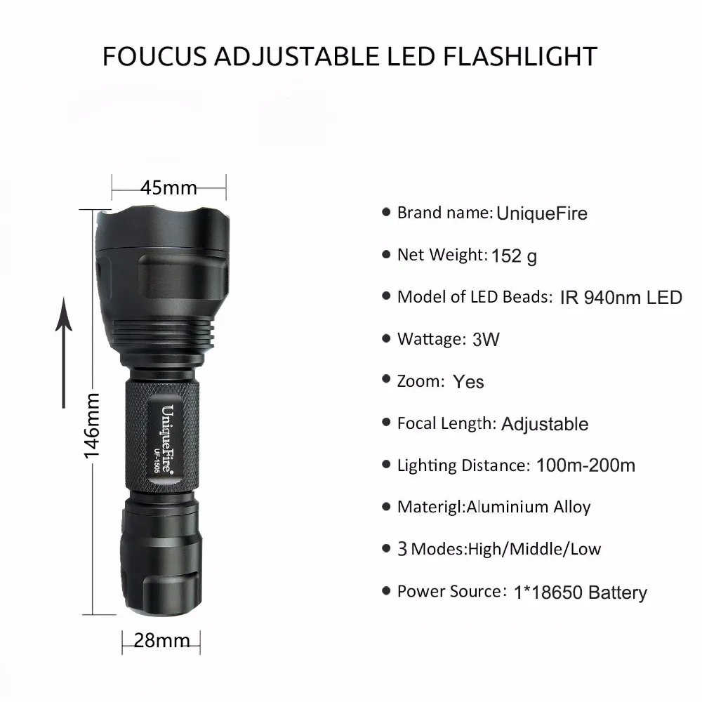 ФОТО UniqueFire UF-1505 3W 940nm Mini Infrared Radiation IR LED Night Vision Flashlight Torch Use 1x18650 Battery(Black)