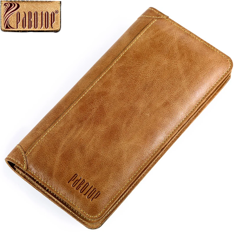 Pabojoe Vintage Men Wallets Genuine Leather Wallet Long Organizer Purse Checkbook Credit Card ...