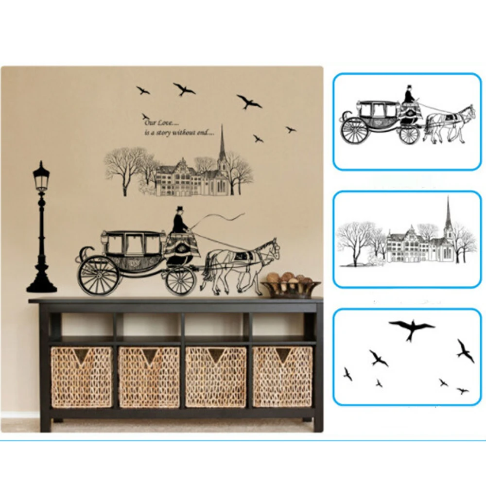 

1pc Home Decoration Bird Horse Carriage Road Wall Stickers Living Room Bedroom Painting TV Background Wall Decals