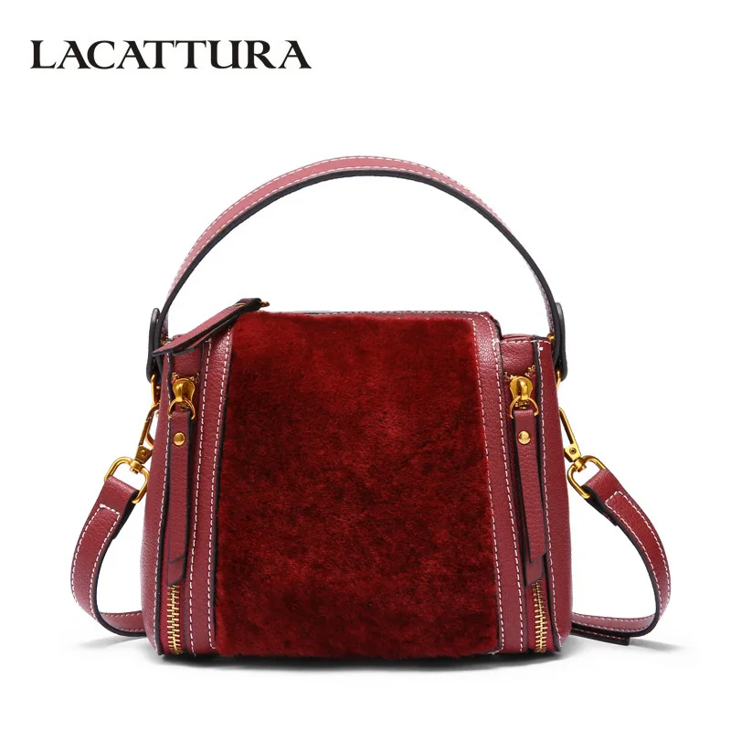 LACATTURA Women Leather Shoulder Bag Luxury Fur Handbag Designer Wristlets Crossbody for Lady ...