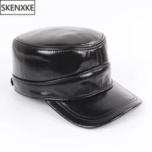 Мужской из натуральной кожи шапки осень зима мужской Натуральная Овчина кожа военные Кепки из натуральной кожи плоская шапка-ушанка