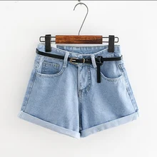 2018 Womens Brand Newest Spring Summer Short Jeans Mid Waist Denim Blue Button Fly With Pockets and Belt Cuffed Shorts