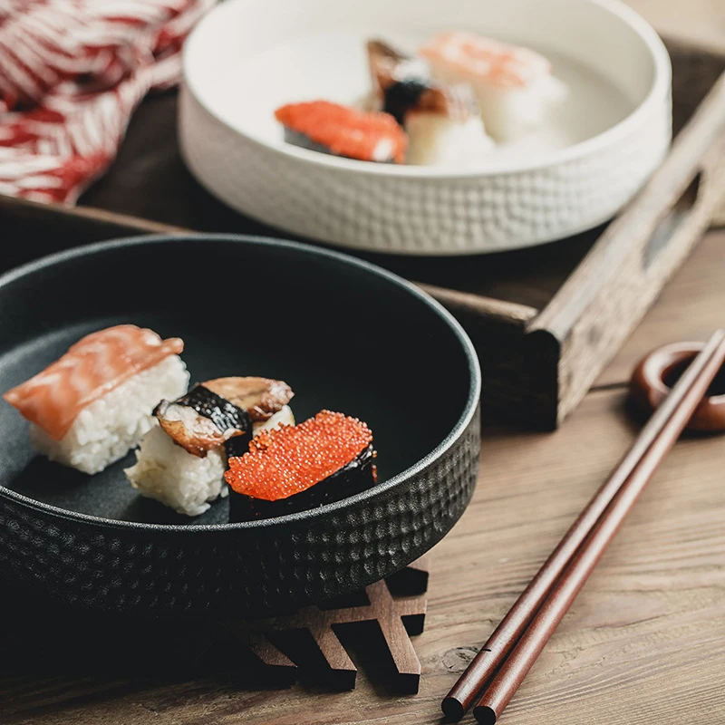 

Japanese Cuisine Bowls Deep Plate With Ceramic Veins Japanese Contracted Bowl Delicate Food Containers Creative Rice Container