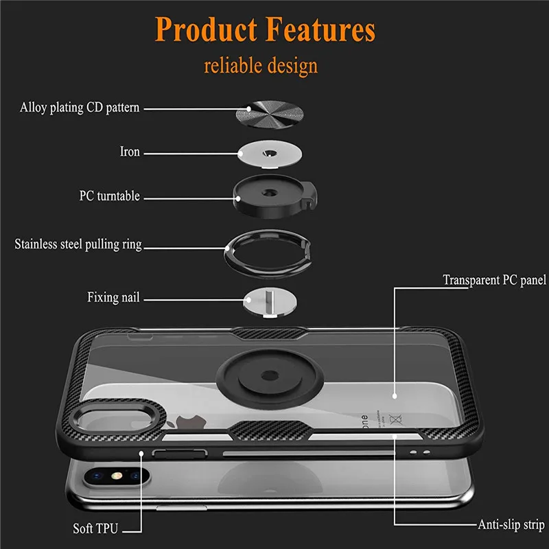 Transparent Crystal Carbon Fiber Armor Cover For iphone x xs max xr 6 7 8 6s Plus 360 Finger Ring Clip Magnetic Car Holder Case