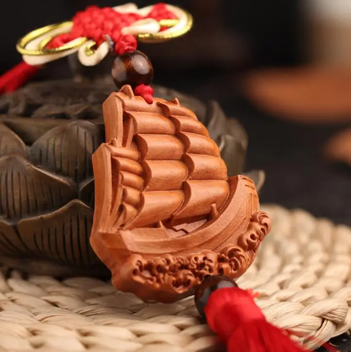 

Chinese Peach Wood Carved Ship Sea Wave Everything Is Going Smoothly Safe Card Exquisite Car Interior Trim Pendant