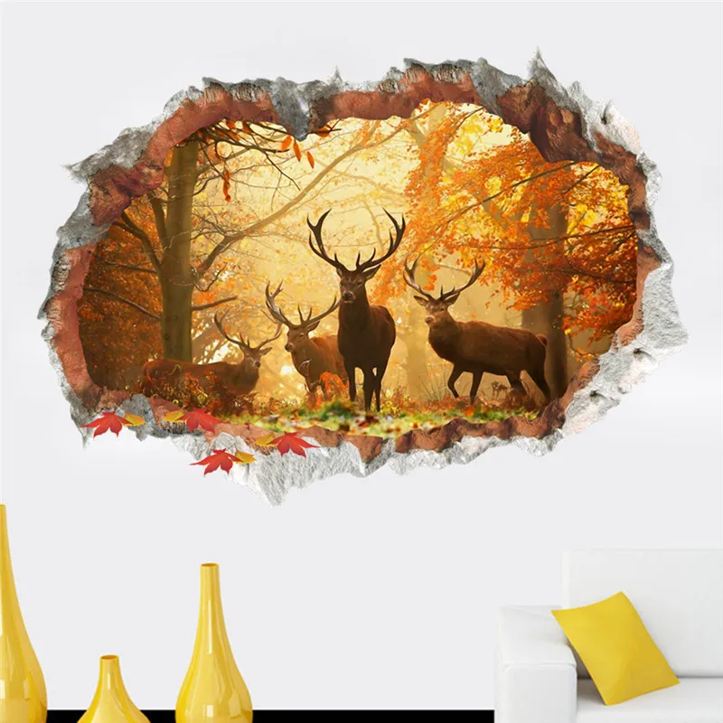 Us 4 13 17 Off Forest Reindeer Broken Hole Wall Stickers Living Room Bedroom Decoration Diy Safari 3d Mural Art Diy Animal Decals Home Decor In Wall