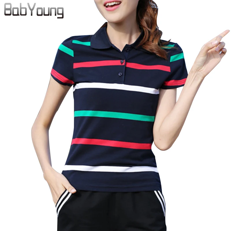 BabYoung 2017 Verão Mulheres Marcas de Camisa Pólo M ~ 6XL Azul Fino Camiseta de Algodão Da Listra respirável Cor Hit de manga Curta Topo Mujer