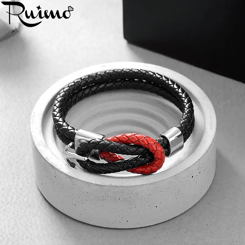 Мужской браслет из натуральной кожи с застежкой якорем|men jewelry|wristband menstainless steel anchor