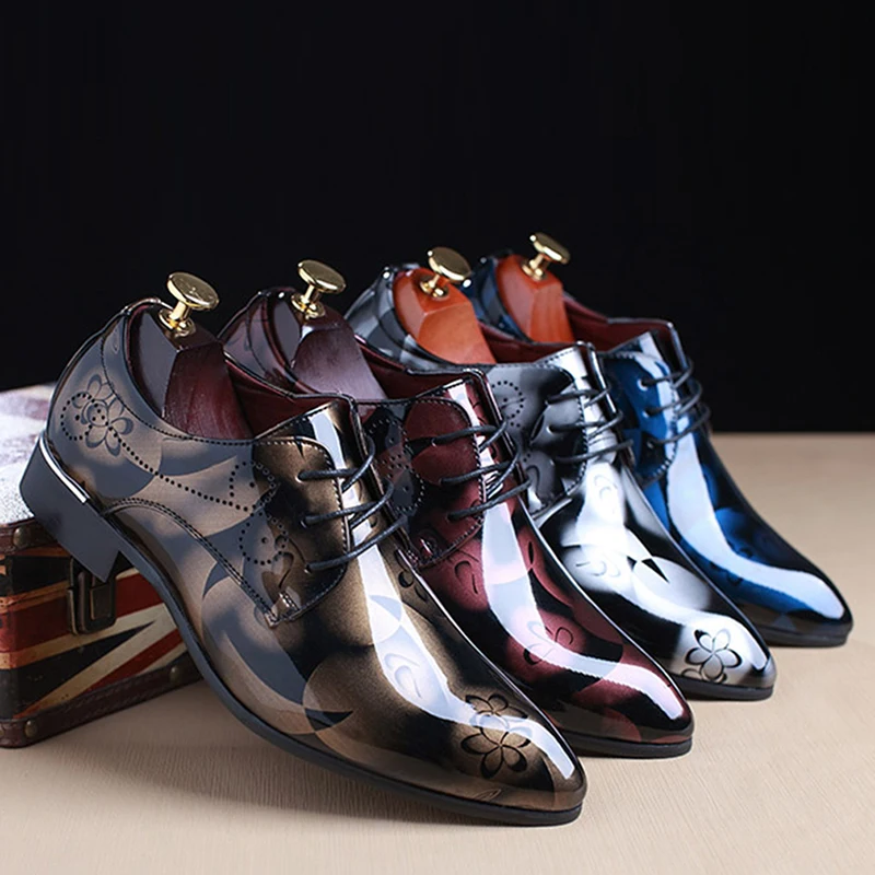 

Bright Leather Men Dress Shoes Brand Fashion Groom Wedding Shoes Flowers Print Pointed Toe Lace Up Men Business Shoes 4Colors