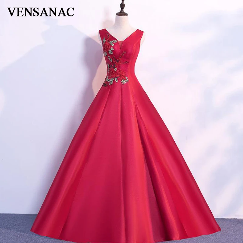 VENSANAC 2018 V Neck Crystal Flowers A Line Satin Long Evening Dresses Party Lace Appliques Backless Prom Gowns VENSANAC 2018 V Neck Crystal Flowers A Line Satin Long Evening Dresses Party Lace Appliques Backless Prom Gowns
