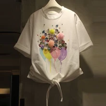 MAPUSITOM 2017 Summer New Korean Version T-shirt Women Short Sleeve Diamond T Shirt Female Loose Cotton Tshirt Ladies Tops Tees