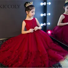 Красное Тюлевое платье для девочек; платье с цветочным узором для девочек; праздничное кружевное длинное платье принцессы с аппликацией; платье для первого причастия для девочек