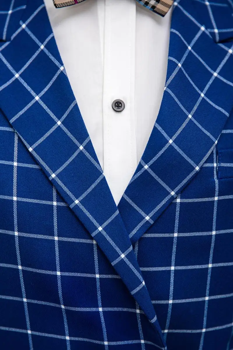 Slim casual plaid double-breasted suit Fashion Custom Men suits jacket + pants slim blue grid men's Blazers groom wedding dress