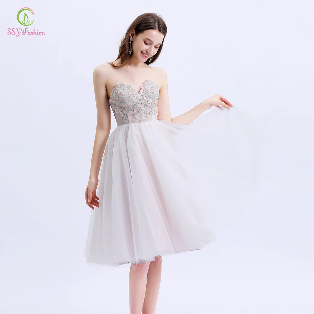 

SSYFashion New Cocktail Dress Short White Sweetheart Sleeveless Lace Appliques Formal Gowns Homecoming Dresses Robe De Soiree