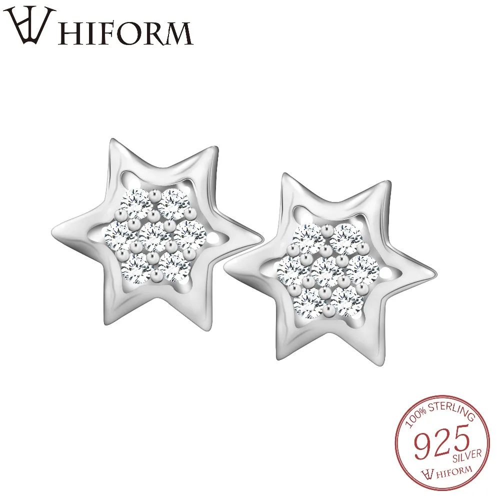 

HIFORM Authentic 925 Sterling Silver / Gold Hexagram Star Stud Earring with Clear CZ for Women Earrings Crystal Jewelry