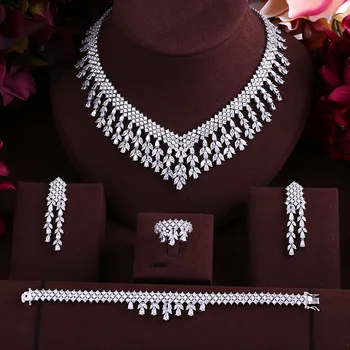 

wedding Luxury cubic zirconia tassel bride necklace ,drop earrings ,bracelet and ring 4pcs dubai full jewelry set for bridal