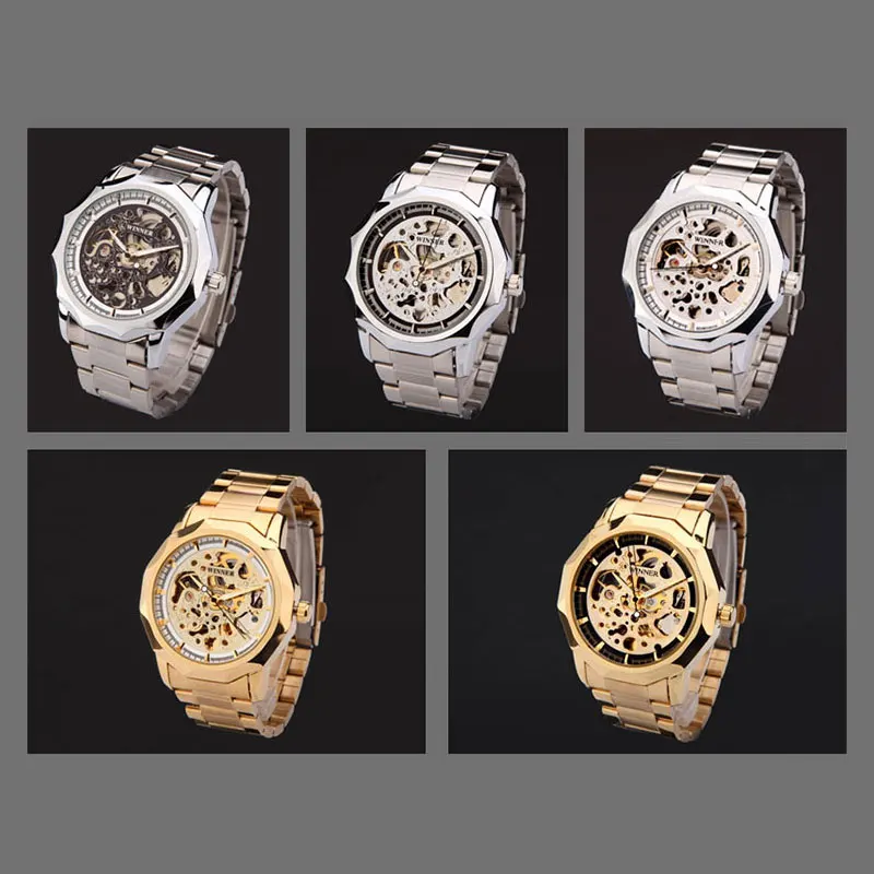 Najtaniej Zwycięzca zegarki marki mężczyźni mechaniczny szkielet zegarki moda casual automatyczny zegarek wiatrowy stalowo złoty pasek relogio masculino