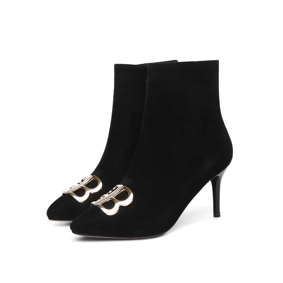 

Fashion high quality suede winter women boots pointed toe black stilettos beautiful metal decorative women boots size34-40