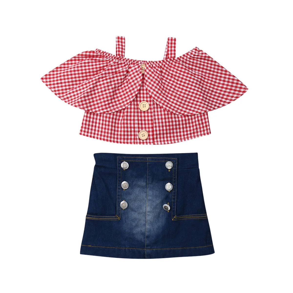

2019 Fashion Kids Dresses Baby Girl Summer Clothes Set Short Sleeve Plaid Tops Denim Skirts 2Pcs Children Toddler Girls Clothes